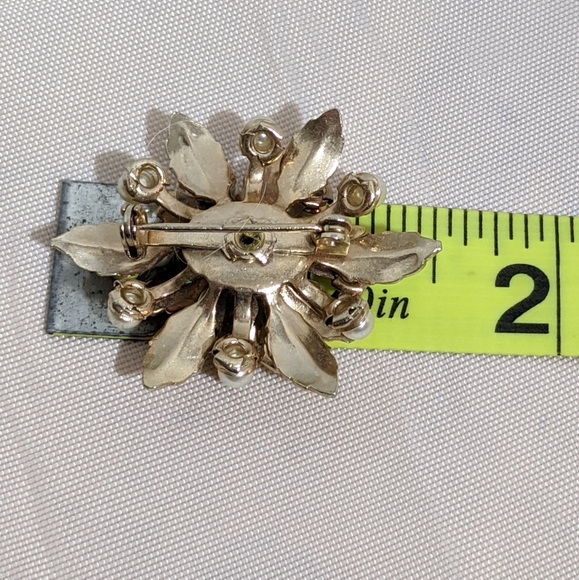 Vintage Gold & Blue RhinestonePearl Flower Brooch - Picture 3 of 3